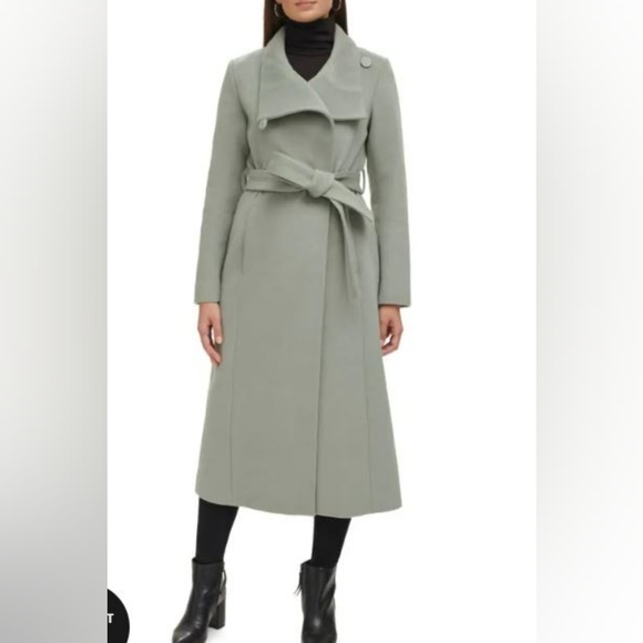 KENNETH COLE Convertible Collar Wool Blend Belted Maxi Coat Sage Color in Size 4 - Picture 2 of 9